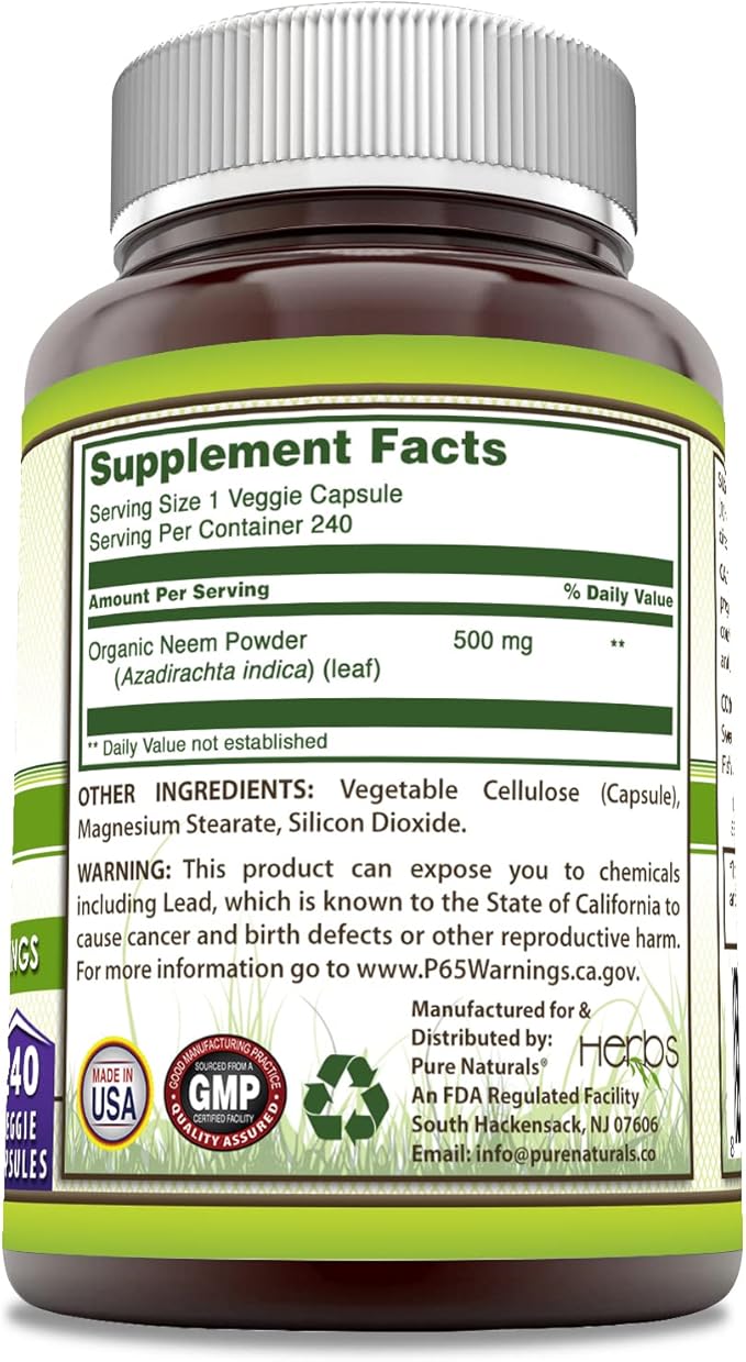 Pure Naturals Neem (Made with Natural Neem Leaf) | 500 Mg per Serving 240 Veggie Capsules Supplement | Non-GMO | Gluten Free | Made in USA | Ideal for Vegetarians