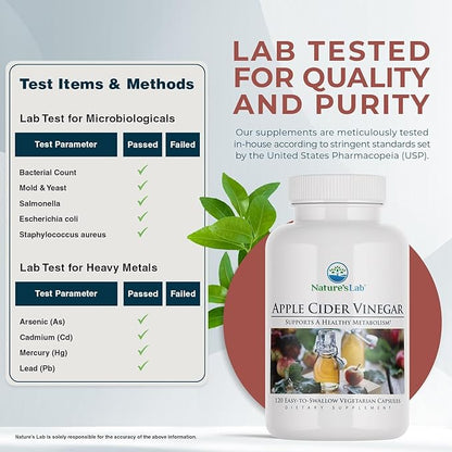 Nature's Lab Apple Cider Vinegar 1200mg with Chromium - 120 Capsules (60 Day Supply)