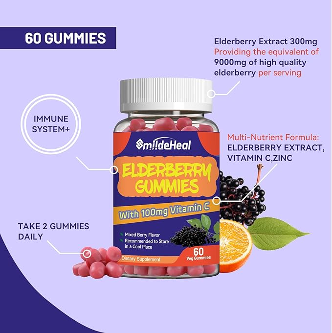 Elderberry Gummies, Elderberry Extract 300mg, with Vitamin C and Zinc, Strawberry Flavor Gummies, Non-GMOs, Gluten Free, Vegan-Friendly, Immune Support, 60 Count (Pack of 2)