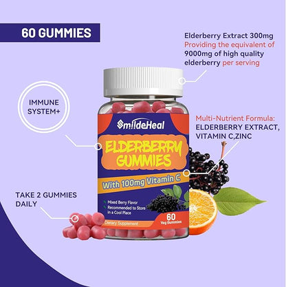 Elderberry Gummies, Elderberry Extract 300mg, with Vitamin C and Zinc, Strawberry Flavor Gummies, Non-GMOs, Gluten Free, Vegan-Friendly, Immune Support, 60 Count (Pack of 2)