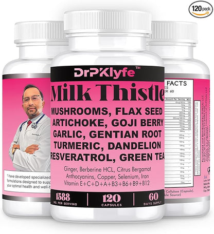 Milk Thistle Capsules for Liver Detox & Cleanse Support – with Dandelion Root, Resveratrol, Artichoke, Moringa, Silymarin – 120 Capsules (60-Day Supply)