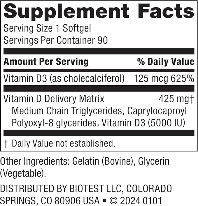 Biotest D Fix - High-Absorption Vitamin D3, 5000 IU - 90 Softgels (90-Day Supply) for Immune Support, Bone Health & Mood