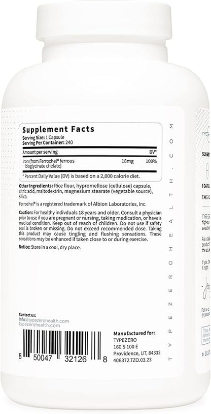 Type Zero Iron Chelate Capsules (18 MG, 240 CAPS) from Ferrochel - Non-GMO and Gluten Free