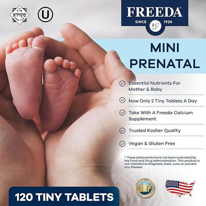FREEDA Mini Prenatal Vitamin - Kosher Prenatals -Tiny Easy to Swallow Tablets - Prenatal Vitamins with Iron, Prenatal Folic Acid/Folate, Vitamin D - Pre Natal Multivitamin for Pregnant Women (120)