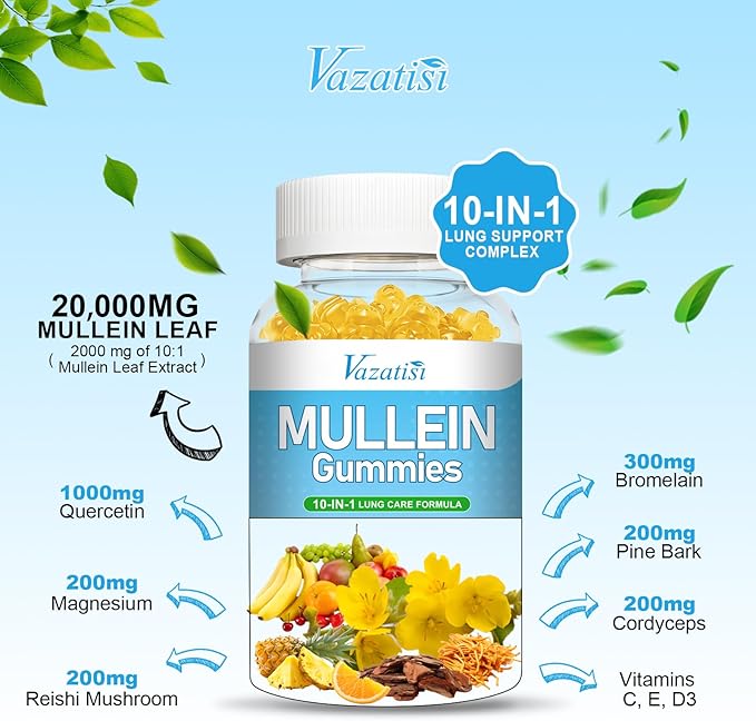 10 in 1 Mullein Gummies for Lungs, Mullein Leaf Extract with Bromelain, Quercetin, Magnesium - Support Lung Cleanse for Healthy Breathing, 60ct