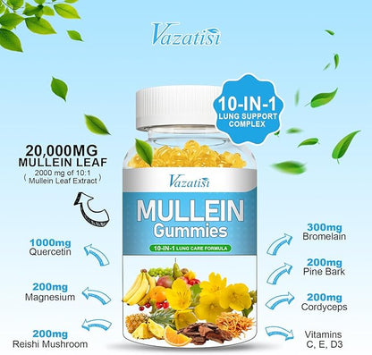 10 in 1 Mullein Gummies for Lungs, Mullein Leaf Extract with Bromelain, Quercetin, Magnesium - Support Lung Cleanse for Healthy Breathing, 60ct