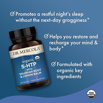 Dr. Mercola Organic 5-HTP with Valerian Root and Lemon Balm, 30 Servings (30 Capsules), Dietary Supplement, Suports Restful Sleep, Non-GMO, Certified USDA Organic - 2 Pack
