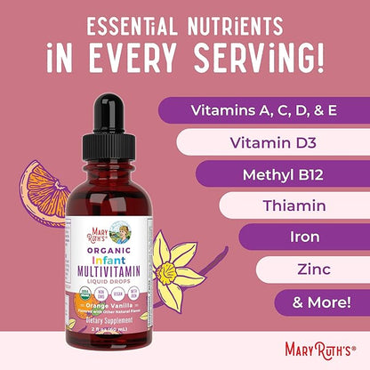 MaryRuth Organics Multivitamin with Iron for Infants | USDA Organic | Liquid Drops for Babies 6-12 Months | Immune Support & Overall Wellness | Vegan | Non-GMO | Gluten Free | 2 Fl Oz
