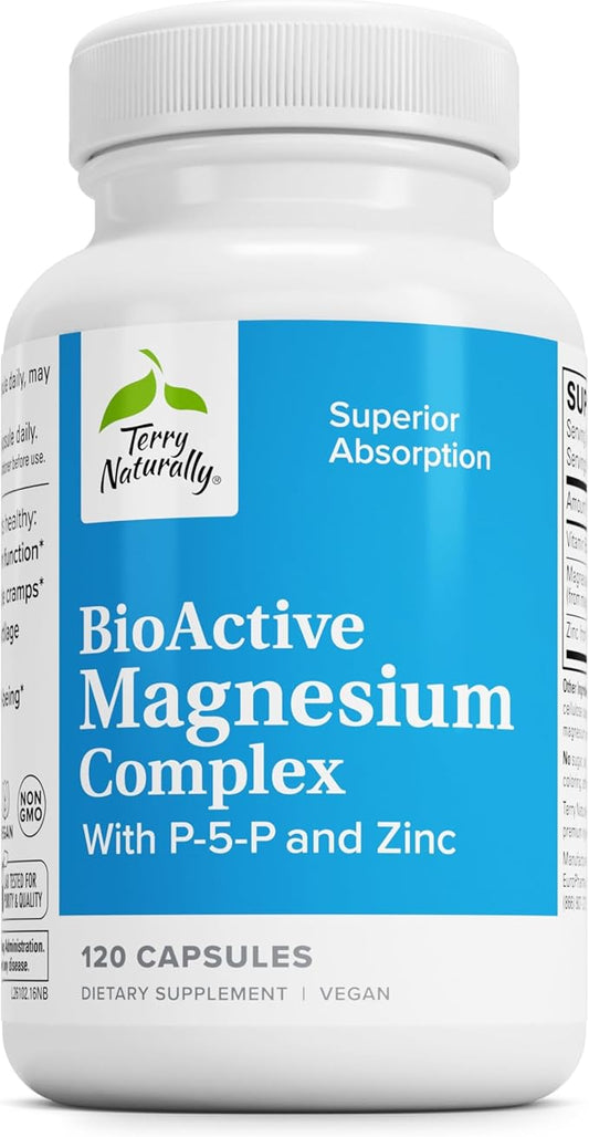 Terry Naturally BioActive Magnesium Complex - Bone & Heart Health Support - Supplement with Vitamin B6, Zinc & Magnesium - Pyridoxal-5-Phosphate Vegan Capsule Supplement - 120 Capsules