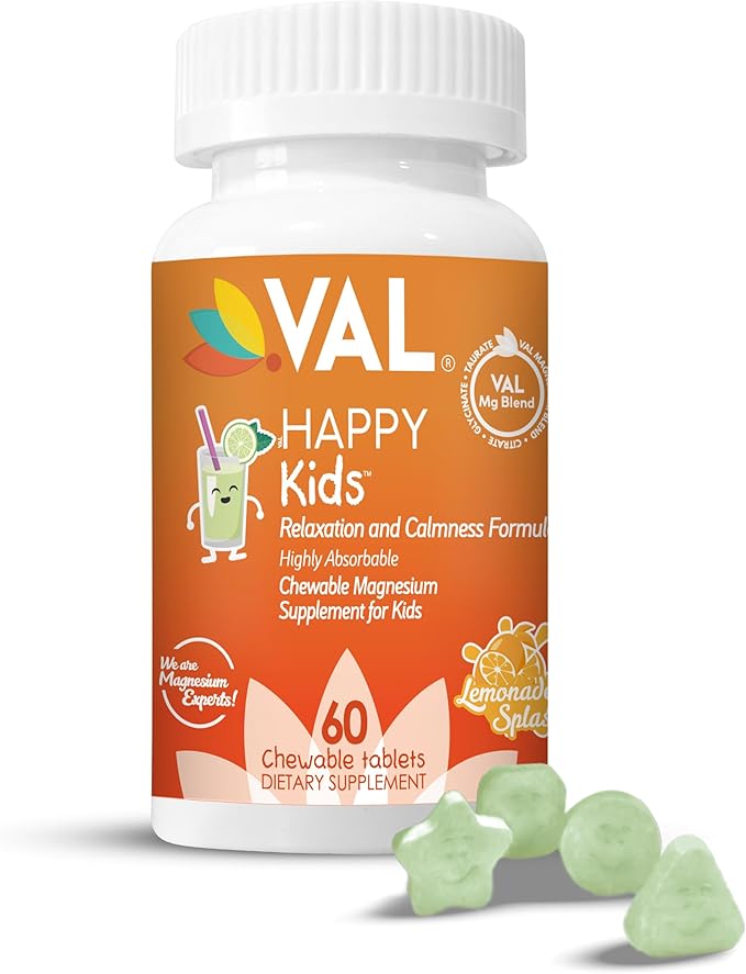 VAL Magnesium for Kids | High-Absorption Magnesium for Calm, Relaxation & Focus | Mg Glycinate, Citrate & Taurate | with Vitamin B6, D & C | Sugar-Free, Non-GMO | Lemonade | 60 Chewable Tablets