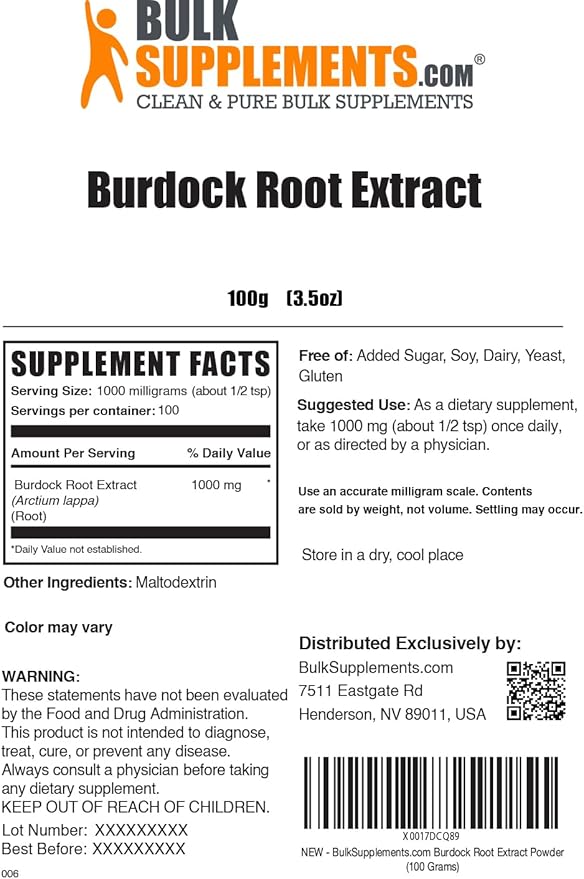 BulkSupplements.com Burdock Root Extract Powder - Burdock Root Powder, Herbal Supplement - Vegan & Gluten Free, 1g per Serving, 100g (3.5 oz) (Pack of 1)
