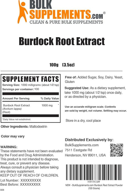 BulkSupplements.com Burdock Root Extract Powder - Burdock Root Powder, Herbal Supplement - Vegan & Gluten Free, 1g per Serving, 100g (3.5 oz) (Pack of 1)