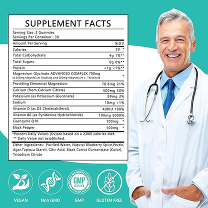 Magnesium Glycinate Gummies, Premium Magnesium Gummies, Magnesium Glycinate Supplement for Relaxation, Stress Relief and Sleep, Suitable for Adults and Children-60 Blueberry Flavor