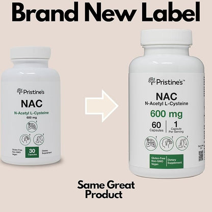 PRISTINE'S N-Acetyl L-Cysteine (NAC) Immunity, Lung, & Liver Support Supplement Capsules - 600MG 60 Day Supply - Potent Antioxidant - Vegan, Gluten Free, Non GMO