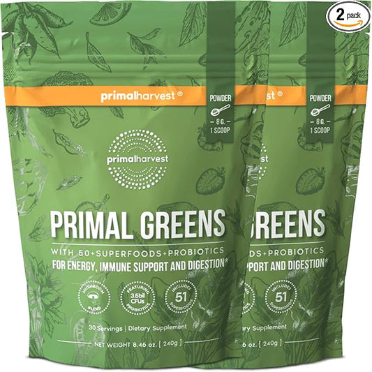 2 Pack, Super Greens Powder, 30 Servings w/+50 Greens Superfood Chlorella, Probiotics, Green Tea, Wheatgrass, Kale, Turmeric, Green Superfood Powder for Energy - Primal Greens