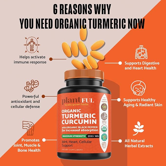 Organic Turmeric Supplement with Black Pepper Highest Potency USDA Certified [Non-GMO Organic Curcumin 2115mg] Antioxidant Joint & Immune Support 120 Tablets