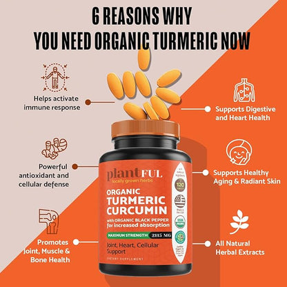 Organic Turmeric Supplement with Black Pepper Highest Potency USDA Certified [Non-GMO Organic Curcumin 2115mg] Antioxidant Joint & Immune Support 120 Tablets