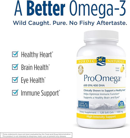 Nordic Naturals ProOmega, Lemon Flavor - 120 Soft Gels - 1280 mg Omega-3 - High Potency Fish Oil with EPA & DHA - Promotes Brain, Eye, Heart, & Immune Health - Non-GMO - 60 Servings