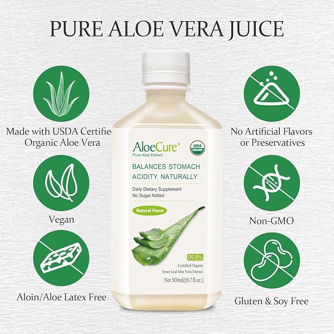 AloeCure Organic Aloe Vera Digestion Pack - 4 Pieces - 2 x 500ml Natural Flavor Juice, 2 x Probiotic + Enzyme