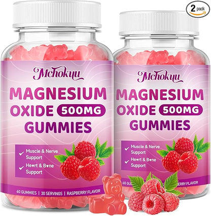 Magnesium Oxide Gummies 500mg, Sugar Free Chewable Magnesium Oxide Supplement for Adults & Kids, Nerve Support & Energy Boost, Non-GMO, Raspberry Flavor, 120 Count