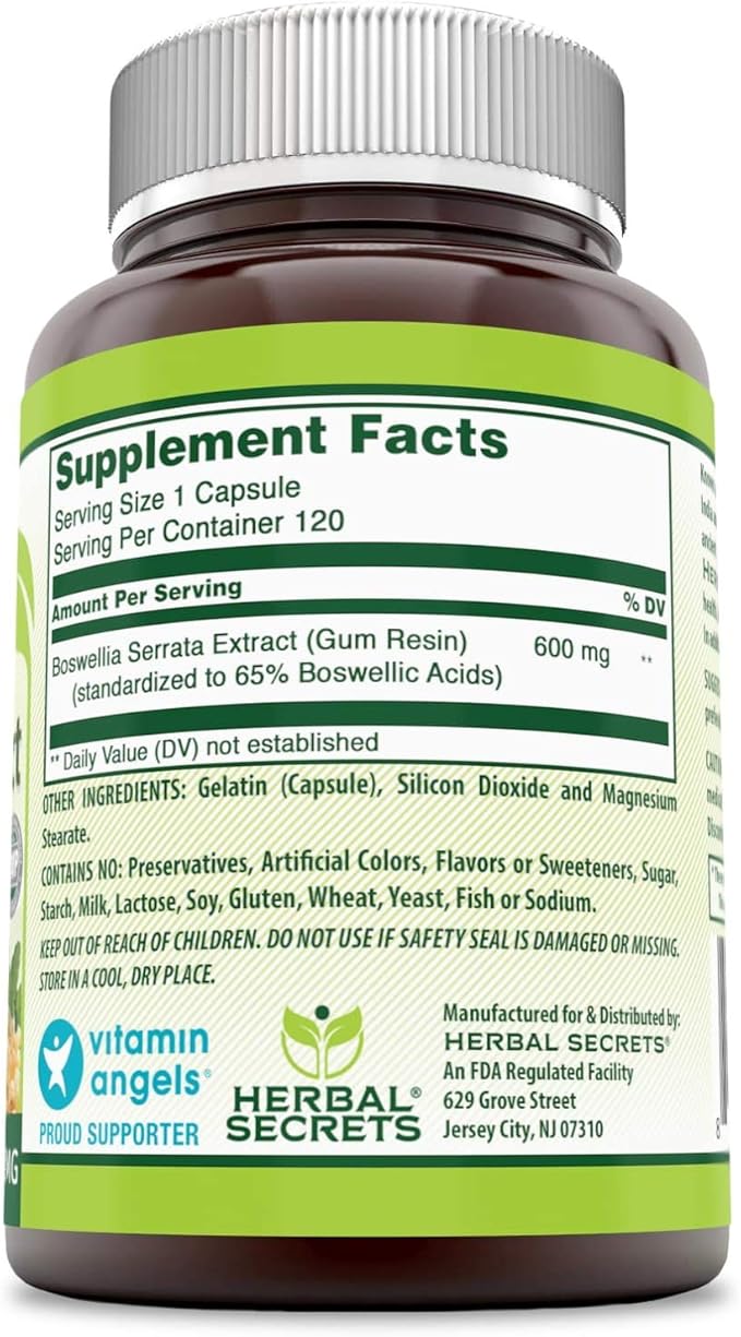 Herbal Secrets Boswellia Serrata Extract (65% Boswellic Acids) 600 mg 120 Capsules Supplement - Non-GMO - Gluten Free