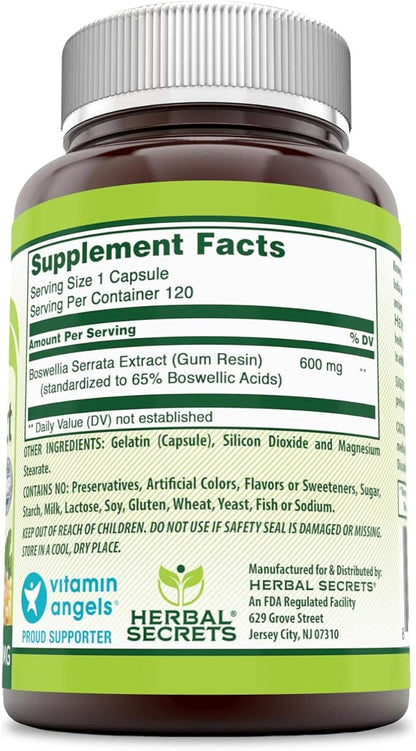 Herbal Secrets Boswellia Serrata Extract (65% Boswellic Acids) 600 mg 120 Capsules Supplement - Non-GMO - Gluten Free