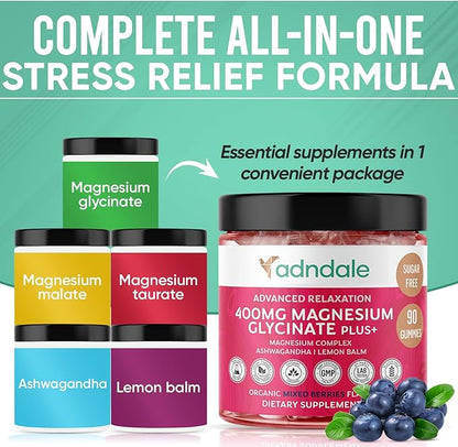 180 CT Magnesium Glycinate Gummies 400 mg/Serv - with Ashwagandha, Magnesium Malate & Taurate - Sugar Free Chews for Adults & Kids Relaxation, Stress Relief, Night Rest, Muscle & Cardio Support