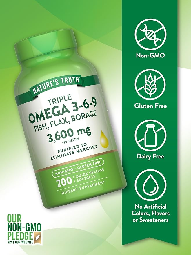 Nature's Truth Triple Omega 3 6 9 | 3600mg | 200 Softgels | Fish, Flax, and Borage Oils | Non-GMO & Gluten Free Supplement