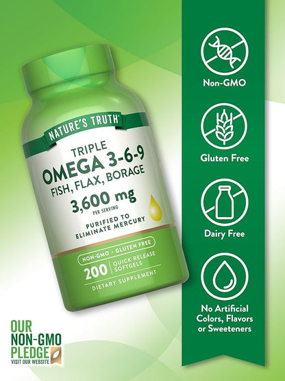 Nature's Truth Triple Omega 3 6 9 | 3600mg | 200 Softgels | Fish, Flax, and Borage Oils | Non-GMO & Gluten Free Supplement