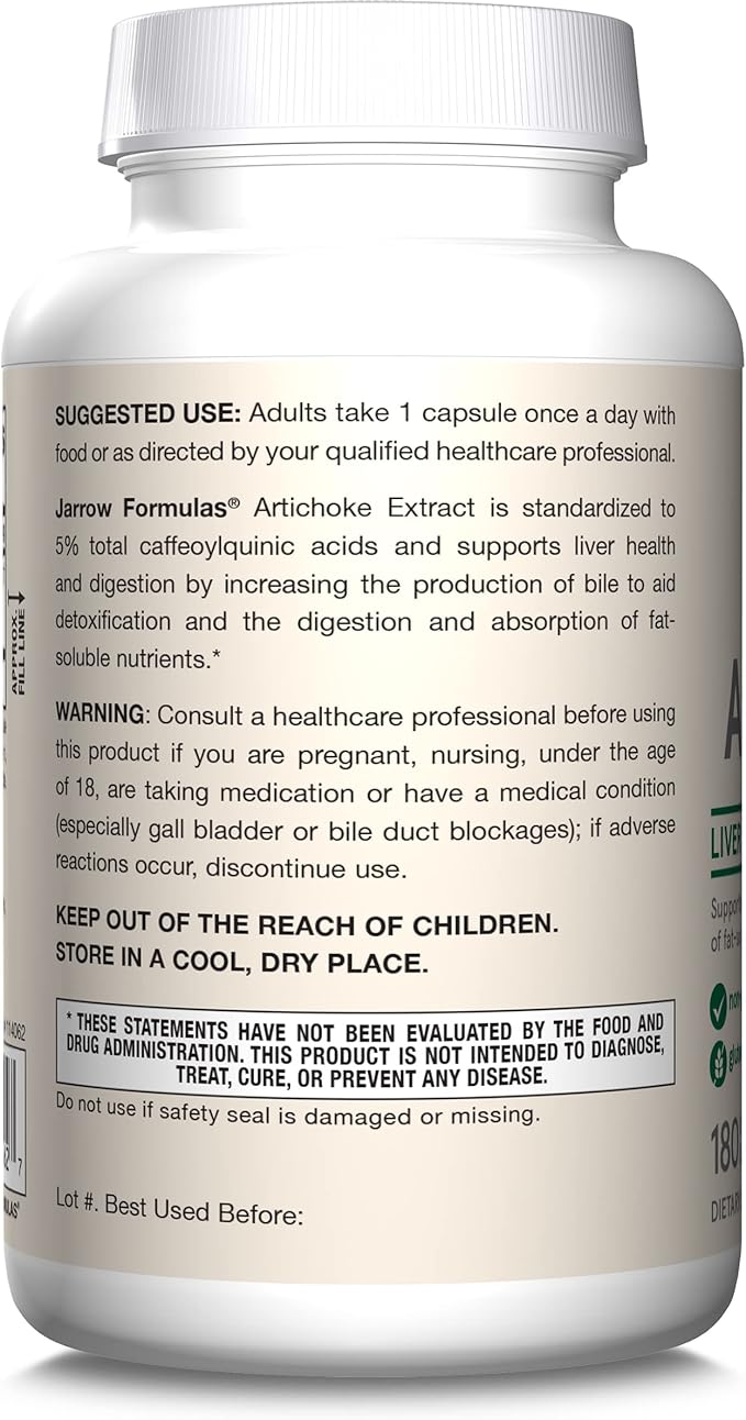 Jarrow Formulas Artichoke 500 mg - 180 Capsules - Standardized Extract - Supports Liver Health & Digestion - White 180 Servings