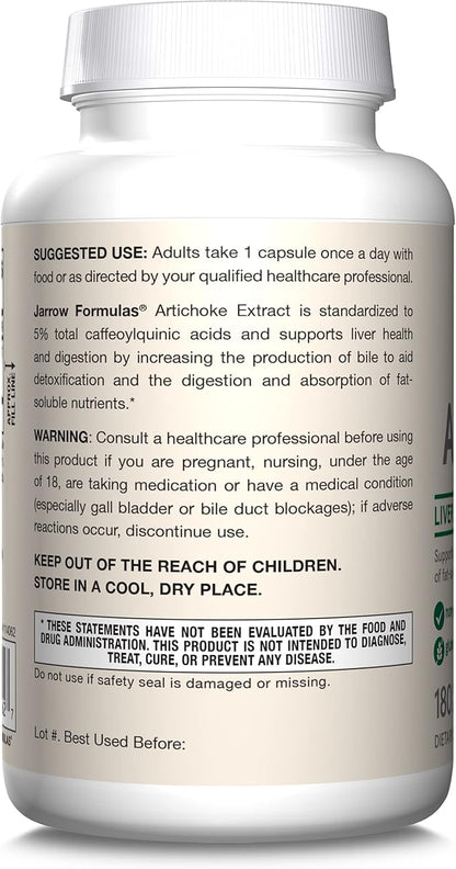 Jarrow Formulas Artichoke 500 mg - 180 Capsules - Standardized Extract - Supports Liver Health & Digestion - White 180 Servings