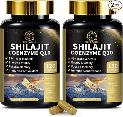 Shilajit Capsules with Sea Moss & Ashwagandha for Men & Women,12 in 1 Himalayan Shilajit Supplements with Coenzyme Q10, Fulvic Acid & Humic Acid, Lion's Mane, Energy & Immune, 120 Count, 2 Pack