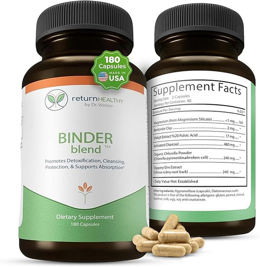 Binder Blend - Toxin Binder Supplement, Detox Capsules for a Healthy Gut - 180 Capsules - 90 Servings - 960mg Activated Charcoal & 480mg Organic Chlorella - Bloating Relief - Bentonite Clay