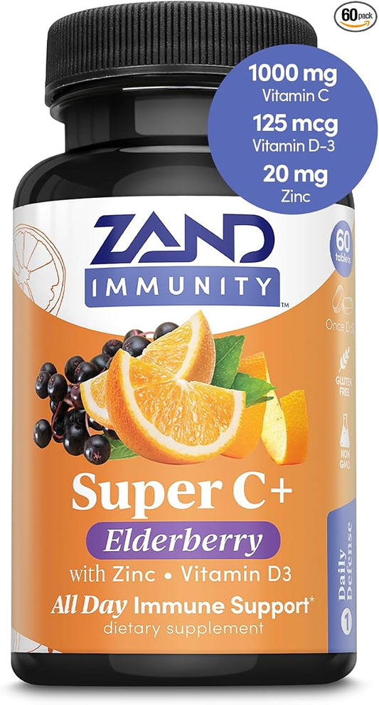 Zand Immunity Super C+ with Elderberry, All Day Immune Support, 1000mg PureWay-C Vitamin C Plus Zinc & Vitamin D-3, Enhanced Absorption, 60 Tablets, 30 Servings
