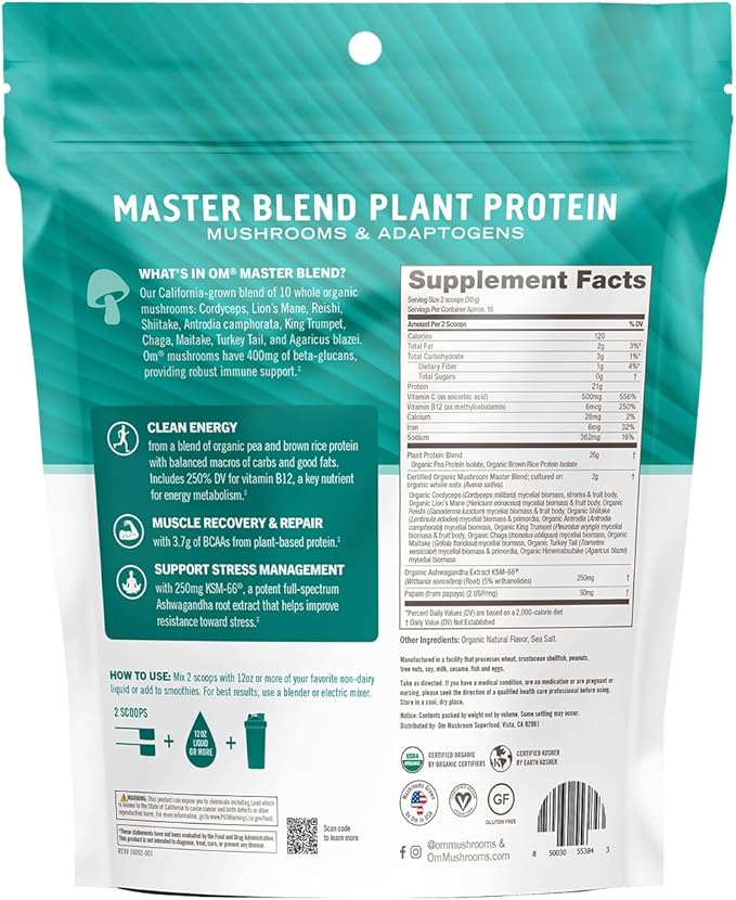 OM MUSHROOM SUPERFOOD Master Blend Mushroom Plant-Based Protein, 16 Servings Unsweetened Original, Unsweetened Plant-Based Protein with 10 Mushrooms & Adaptogens