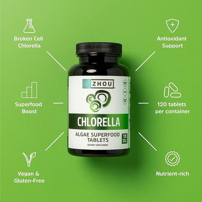 Zhou Nutrition Chlorella Tablets, Algae Superfood, Chlorella Broken Cell, Vegan Supplement, Gluten-Free, 120 Tablets
