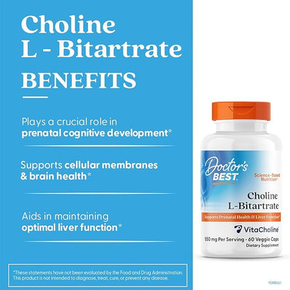 Doctor's Best Choline L-Bitartrate (VitaCholine), Supports Prenatal Health & Liver Function, Non-GMO, Gluten Free, Soy Free, Vegan 60 Veggie Caps