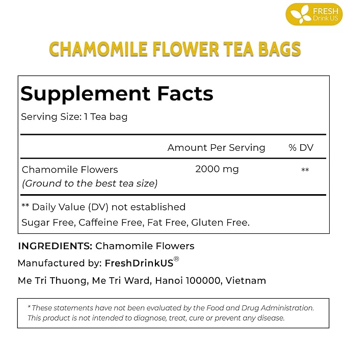 FRESHDRINKUS, Premium 16 Chamomile Tea Bags, 100% Natural and Pure Chamomile Flowers, Eco-conscious Tea Bags. Chamomile Flower Herbal Tea. No Sugar, No Caffeine, No Gluten, Vegan.