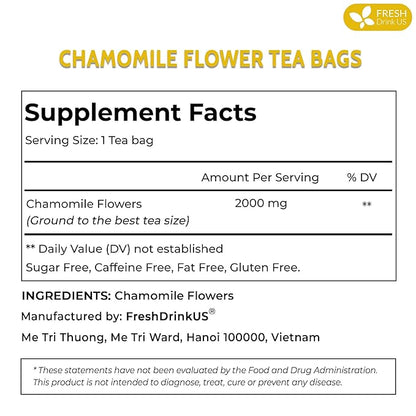 FRESHDRINKUS, Premium 16 Chamomile Tea Bags, 100% Natural and Pure Chamomile Flowers, Eco-conscious Tea Bags. Chamomile Flower Herbal Tea. No Sugar, No Caffeine, No Gluten, Vegan.