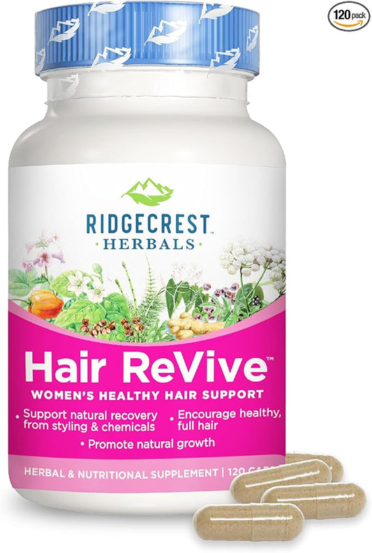 RidgeCrest Herbals Hair ReVive, Nutritional Hair Supplement with Vitamin C, Biotin (6000mcg), Zinc, and Copper, Hair Vitamins for Women to Support Healthy Hair, Skin, and Nails (120 Caps, 30 Servings)