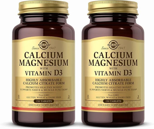 Solgar Calcium Magnesium with Vitamin D3-150 Tablets, Pack of 2 - Promotes Healthy Bones, Supports Nerve & Muscle Function - Non-GMO, Gluten Free, Kosher - 60 Total Servings