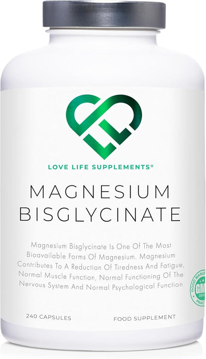 Magnesium Glycinate (Bisglycinate) | Chelated Magnesium Supplements | 2750mg (303mg Magnesium) | 240 Capsules / 60 Servings | Highly Bioavailable | Made in UK - GMP Certified | Love Life Supplements