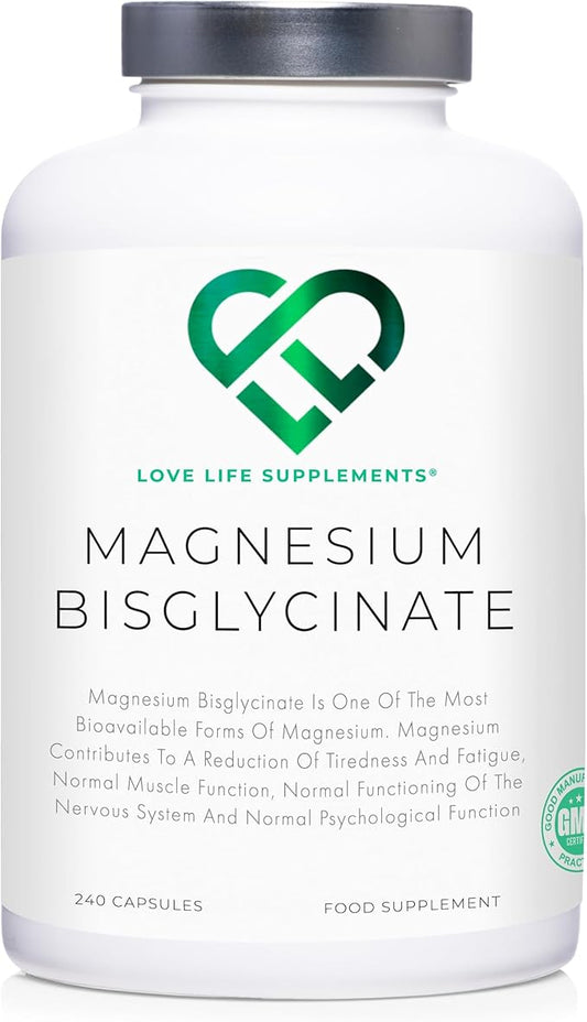 Magnesium Glycinate (Bisglycinate) | Chelated Magnesium Supplements | 2750mg (303mg Magnesium) | 240 Capsules / 60 Servings | Highly Bioavailable | Made in UK - GMP Certified | Love Life Supplements