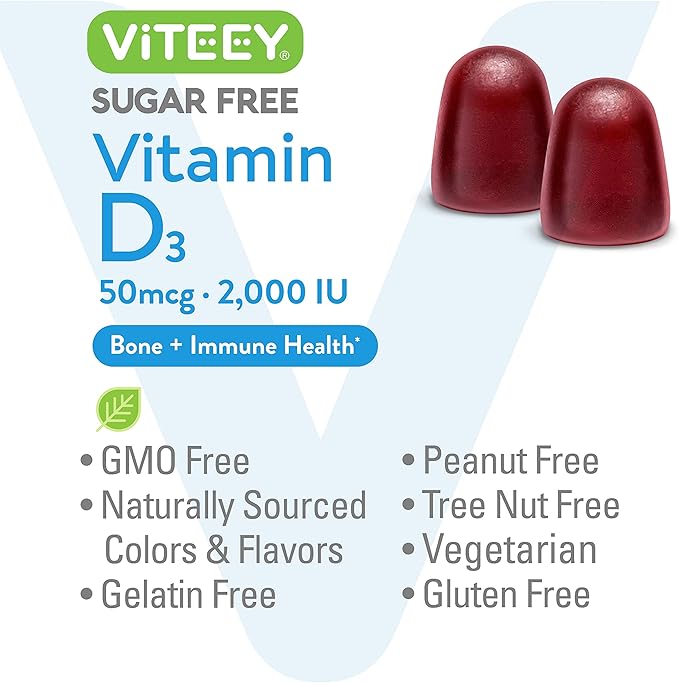 Vitamin D3 Gummies for Adults & Teens - 2,000 IU, 50mcg - Sugar Free, Bone, Joint & Muscle Health, Immune Boost - Vegetarian, Gelatin Free, GMO Free - Tasty Chewable Berry Flavored Gummy