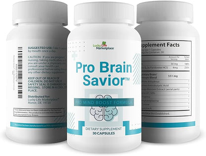 Pro Brain Savior - Nootropic Brain Supplement - Pro Mind Boost Formula for Memory, Focus, & Clarity - Study Pills - Bacopa, Niacin, Caffeine + L-Theanine, GABA - Promote Memory Retention & Learning