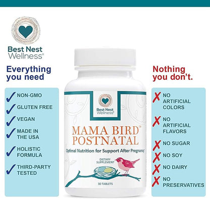 Best Nest Wellness Mama Bird Postnatal Vitamins for Breastfeeding and Postpartum, Whole Food Organic Blend, Methylated Vitamins, Vegan, Once Daily, 30 Ct