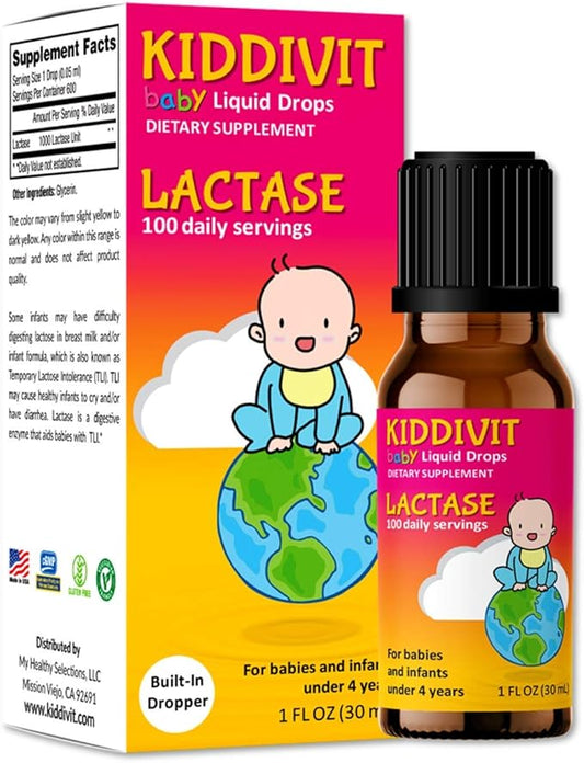 Kiddivit Baby Lactase Liquid Drops 1000 Units - 100 Daily Servings, 1 Fl Oz (30 mL) - Built-in Dropper, Glass Bottle - Sugar Free, Gluten Free, Vegetarian Friendly