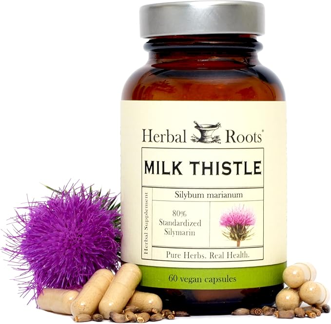 Herbal Roots Milk Thistle Capsules | Extra Strength 80% Silymarin Herbal Supplement | Made with Pure Organic Milk Thistle | Vegan and GMO Free