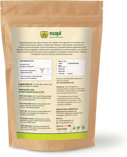 MAPL Pure Amla Powder (7.5 oz)– Organic,Super food for Skin Glow, Hair Growth, Digestion –| Indian Gooseberry Powder| Resealable Zip Lock Pouch