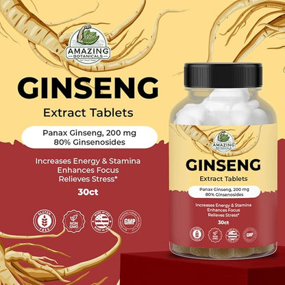 Panax Ginseng Extract Tablets - 200mg Highly Potent 80% Ginsenosides for Energy & Relaxation - Natural Herbal Supplement for Cognitive Booster - 30 Tablets